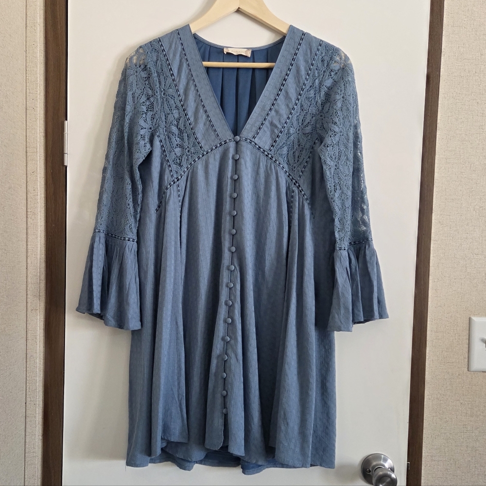 Altar'd State Dusty Blue Lace Long Sleeve Dress